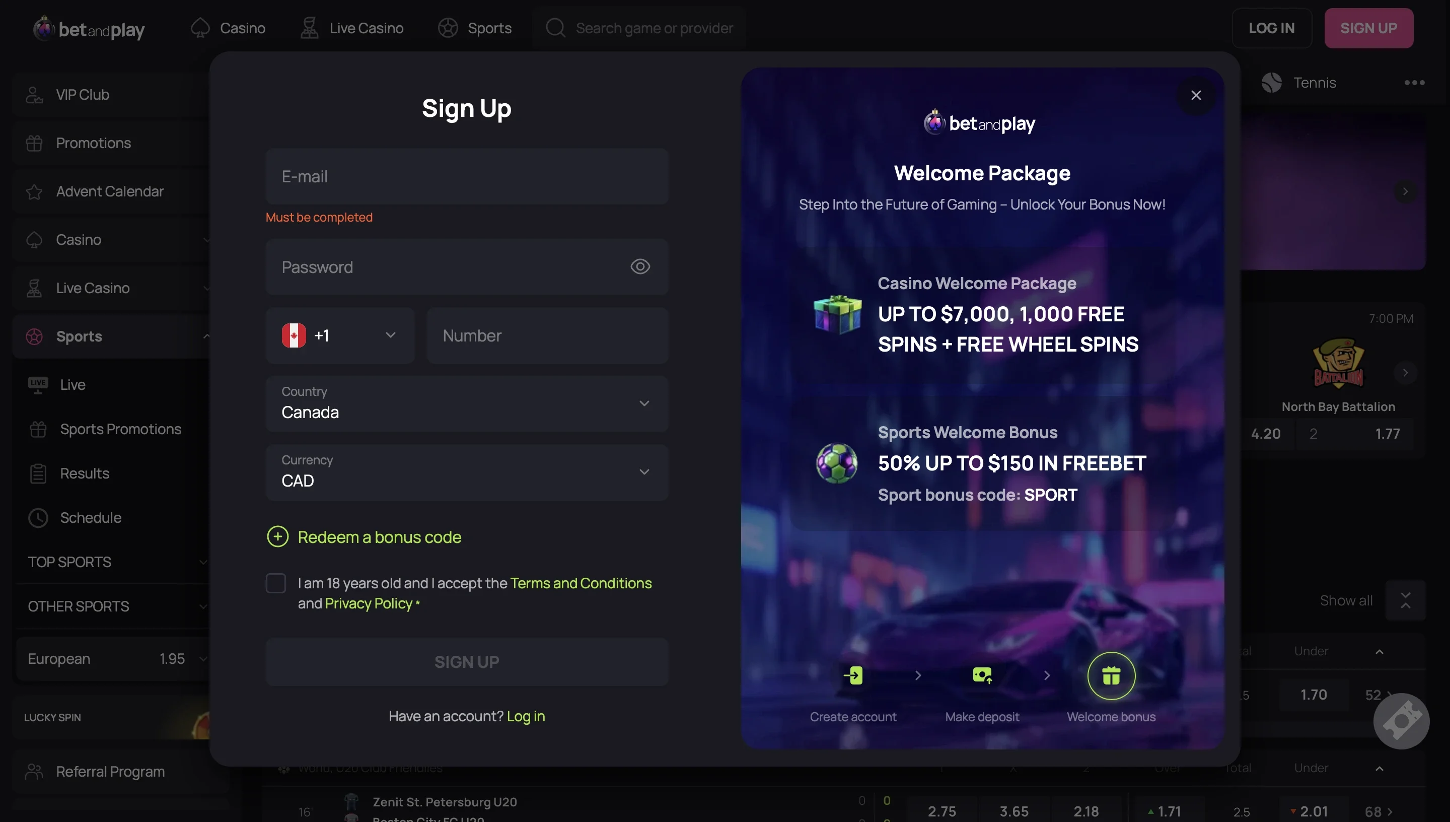 Open an Account in Bet and Play-Step 2
